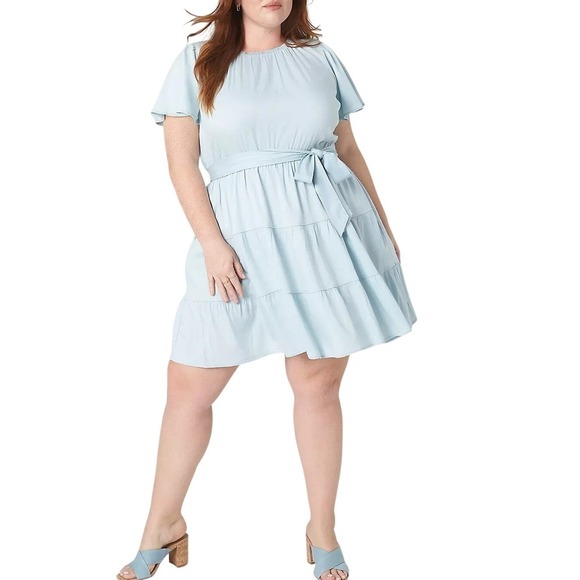 Lane Bryant Dresses & Skirts - Lane Bryant Chambray Babydoll Dress Size 14 Blue Tiered Ruffle Belted Pockets